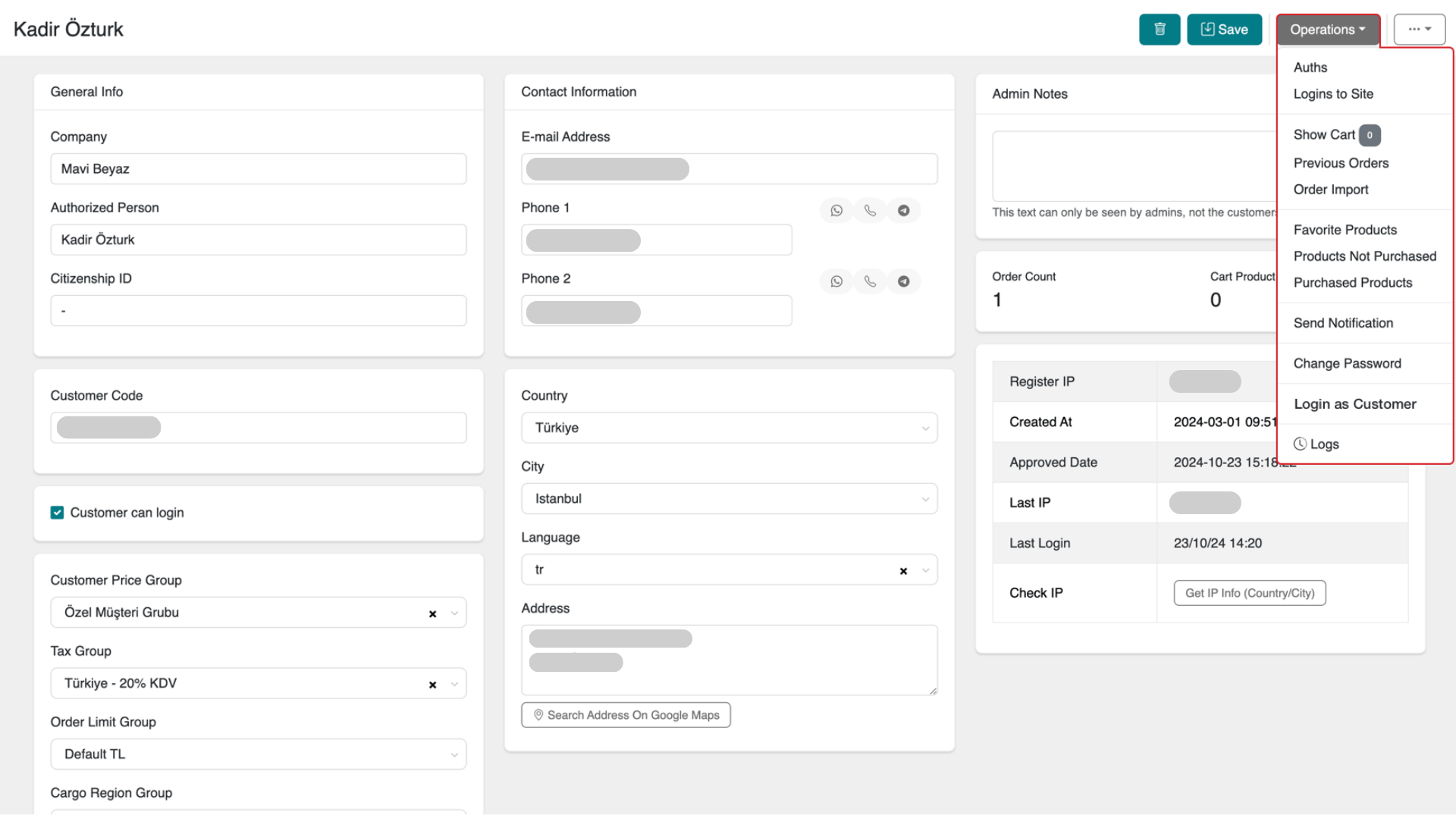 Customer Actions Panel