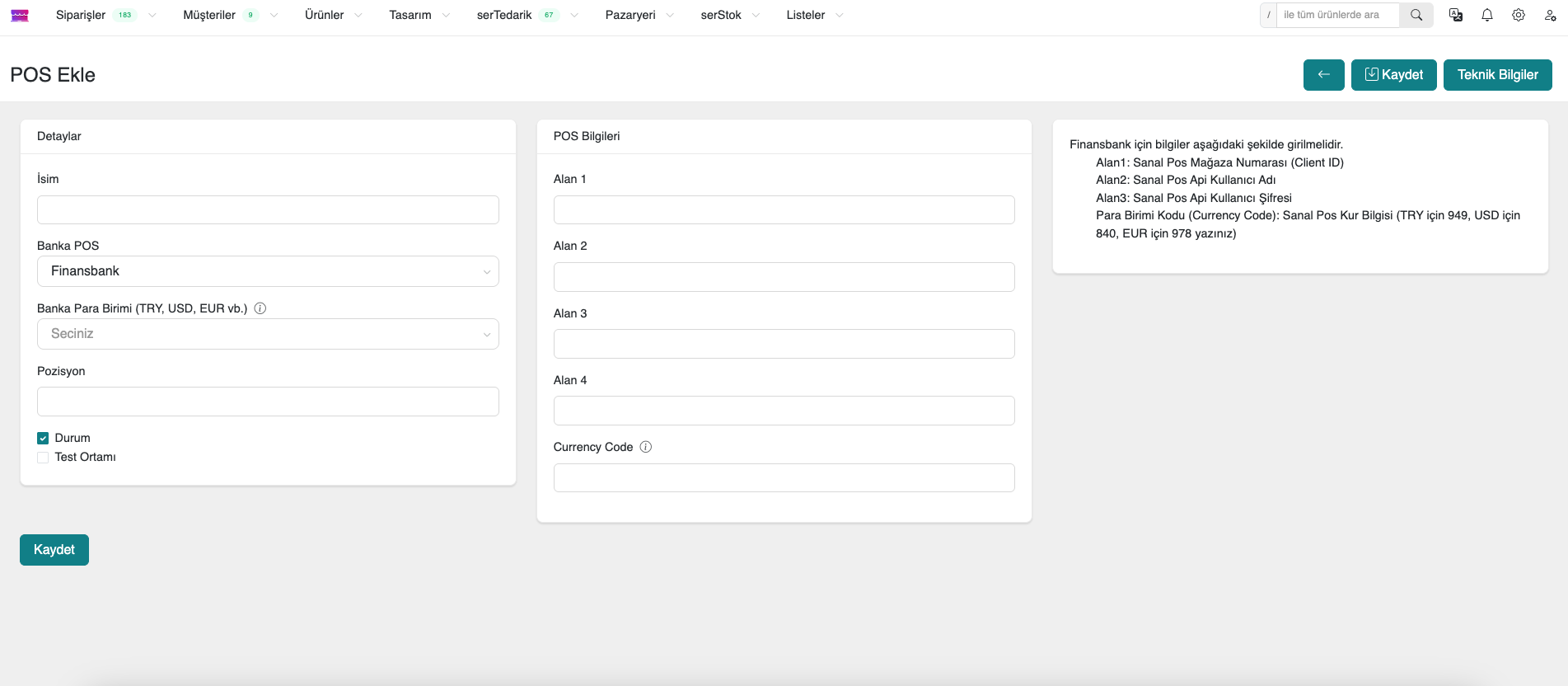 Paneldeki Sanal POS Ayarları